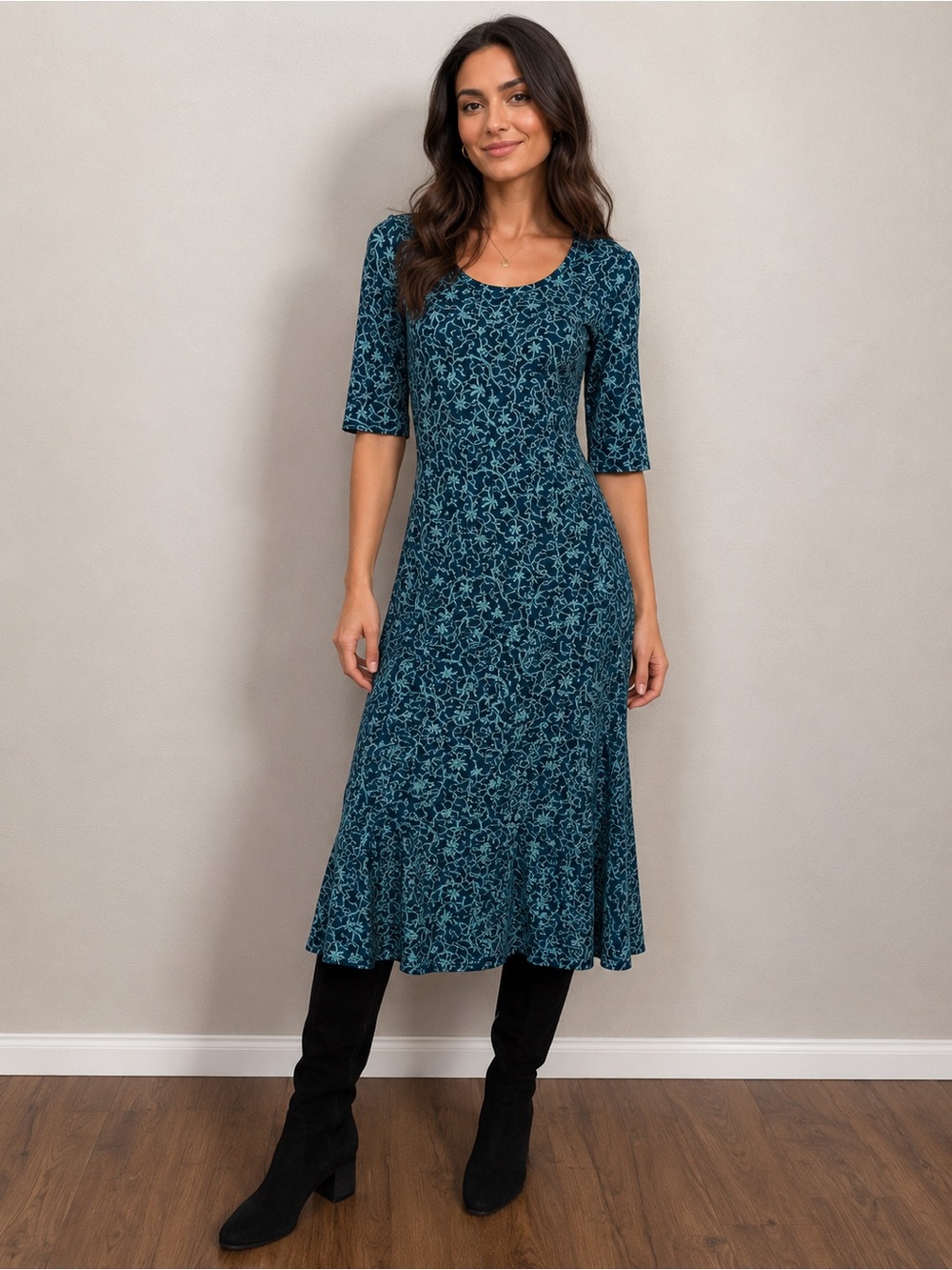 Peruvian Connection Blue Scroll Print Stretch Midi Dress M